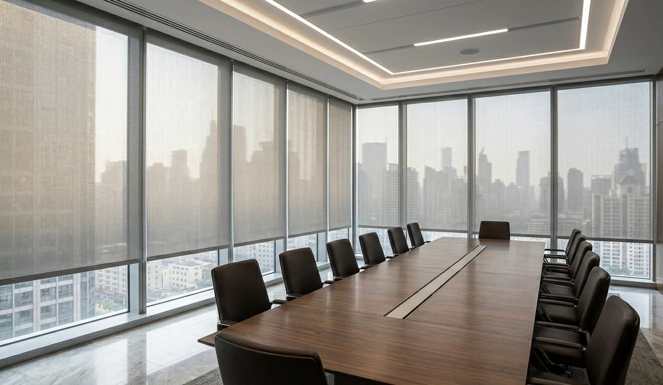 Sala de reunião com persianas corporativas instaladas pela Tendências